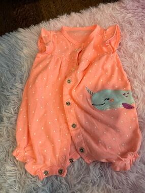 Carter's Coral Pink Polka Dot Baby One-Piece Romper with Narwhal